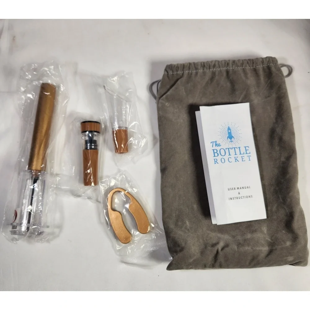 The BOTTLE ROCKET Wine Opener 5 pc Set Pump Cutter Pourer Seal w/Bag gold/copper